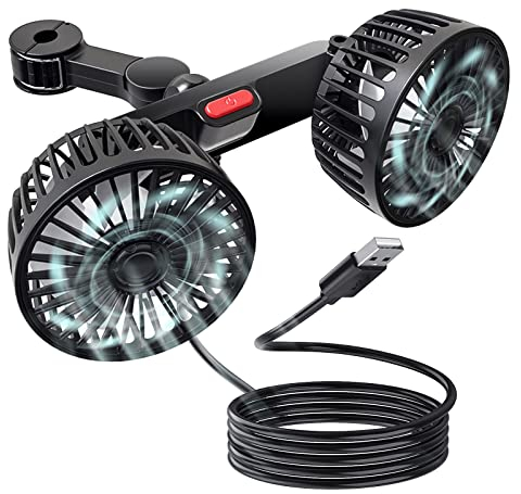 Ymenow Ventilateur de voiture à double tête 5 V 2 A - Refroidisseur de ventilateur USB avec 3 vitesses - Fermeture à clip pour siège arrière - Ventilateur rotatif à 360° - Ventilateur de voiture