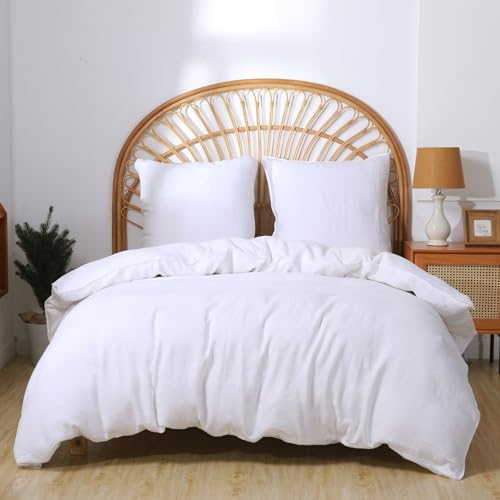 CHUFFED Leinen Bettwäsche 220×240 3teilig Bettwäsche-Sets 100% Naturleinen Bettwäsche-1 Bettbezug 220×240 cm + 2 Kissenbezug 80×80 cm mit Reißverschluss, Weich Atmungsaktiv, Weiß