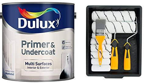 Dulux Primer & Undercoat Paint - 2.5L, 5092093, White & Coral 10501 Paint Kit with Headlock and Mini Roller Frame and Hybrid Brush, Set of 12 Pieces