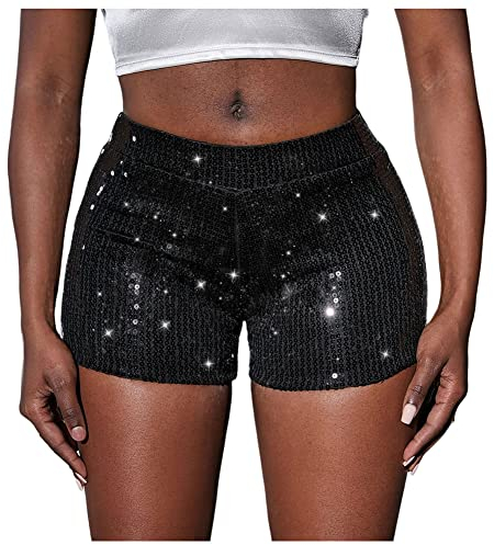 SHTGOI 1 Stück Damen Pailletten Shorts Glitzer Hohe Taille Hot Pants Sexy High Elastic Hotpants Casual Lose Kurz Hosen Kleidung für Bar-Shows Mottoparty Nacht Club Club Tanz Kostüm Schwarz
