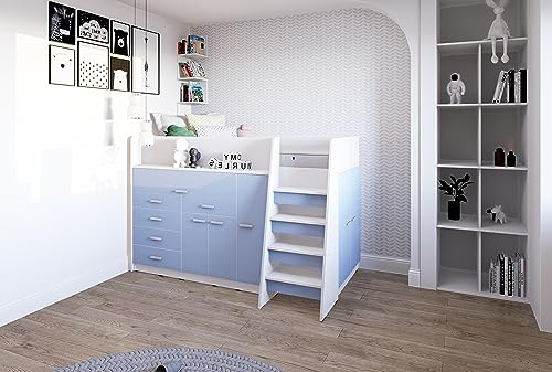 Marlux-Meble Hochbett JSM-1 80x190 TREPPE RECHTS 129 cm Hoch mit Kleiderschrank Schreibtisch Schränke Matt Funktionsbett Etagenbett Stockbett Kinderhochbett Jugendhochbett (Hellblau Matt)