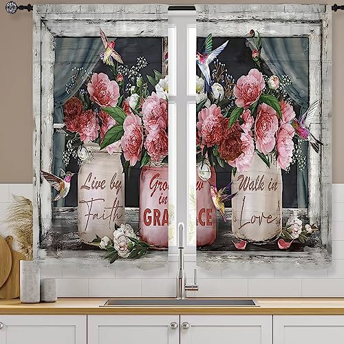 Famiffty Rusitc Küchenvorhänge, rosa Rose, 60 x 99 cm, 2 Paneele, Stangentasche, hellrosa, Blume, französisches Landhaus, klein, kurz, Café-Vorhang, Einmachglas, Bauernhaus, Fenstervorhänge,