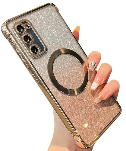 ZTOFERA Magnetische Hülle für Samsung Galaxy S20 FE 4G/5G, Kompatibel mit MagSafe Handyhülle Bling Farbverlauf Glitzer Klare Hülle Flexibel Weiche TPU Schutzhülle Galvanik Rand Stoßfest Cover, Gold