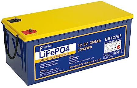 Ninthcit LiFePO4 Akku 12.8V 265AH 3392Wh Lithium Batterie mit über 8000 Mal Tiefzyklen und BMS Schutz für Solaranlage, Geeignet für Solaranlagen, Wohnmobile, Boote, Häuser(1Stück)