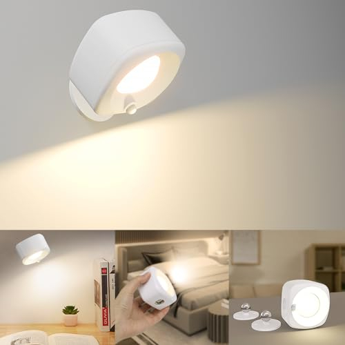 libtit LED Wandleuchte Innen mit Bewegungsmelder, Dimmbar Wandlampe mit Akku 360° Drehbare Kabellose Wandleuchten USB-Aufladbare für Wohnzimmer Schlafzimmer Flur Treppenhaus (Weiß)