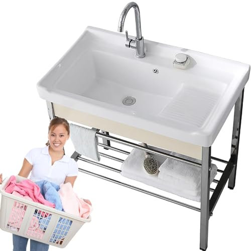 GBHJJ Fregadero Independiente para Exteriores, Fregadero de plástico Independiente con Tabla de Lavar, Fregadero Interior y Exterior con Grifo de Agua fría y Caliente, para lavadero,91x48x83cm