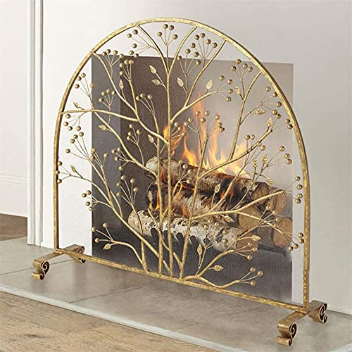 Großer einteiliger Kaminschutz mit Funkenschutz und schmiedeeisernem Netz, freistehend, goldenes Bogendesign, breit 96 x hoch 90 cm Beautiful Scenery