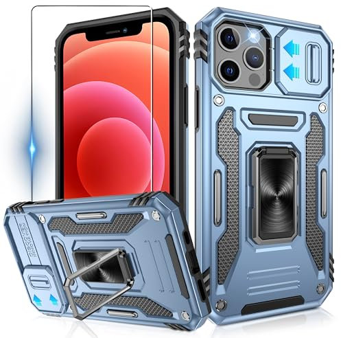 Jshru for iPhone 12/12 Pro Case with Slide Camera Cover [Upgrade],Military Grade Shockproof Phone Case with Ring Kickstand,Armour Phone Cover for iPhone 12/12 Pro,Light Blue