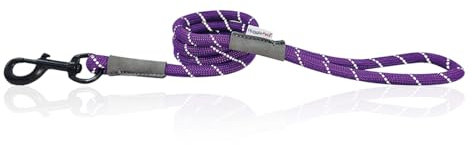 HugglePets Reflective Rope Dog Lead - Purple (107cm x 1cm) High Visibility Weatherproof Lead for Dogs with Reflective Stitching & Easy-to-Attach Metal Swivel Trigger.