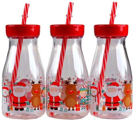 3 Christmas Novelty Milk Drinking Glass/Bottle With lid And Straw - Santa Elf