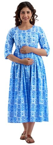 MAGHMAWomen's Maternity Dress Kurti for Pregnancy Women with Breastfeeding Dress with Floral Maternity, Blue Proshine, XL