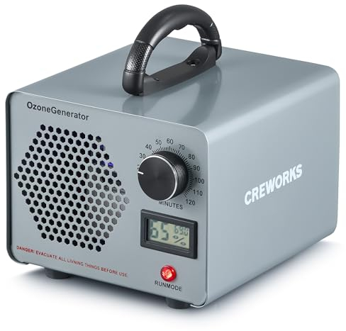 CREWORKS Generador de Ozono Domestico 25,000 mg/h, Máquina de Ozono para Hogar, Garajes, Coches, Hoteles y Mascotas, Desinfectador de Ozono con Configuraciones Ajustables para Habitación de 300 m2