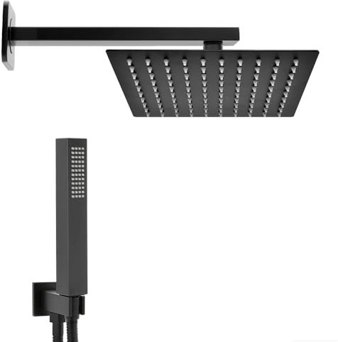 Set doccia nero opaco con braccio soffione quadrato 40x40 cm e kit doccia completo di doccino, presa acqua e flessibile