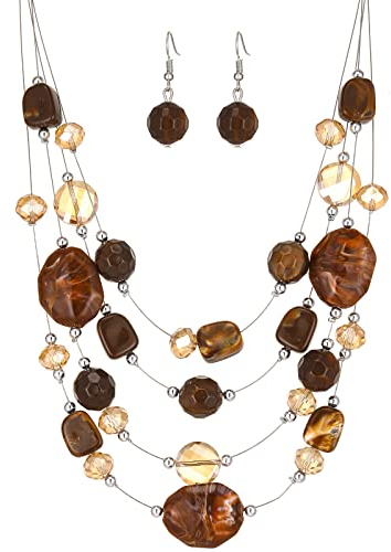 FULU AUTUMN Chunky Statement Kette Damen Mehrreihige Perlenkette und Ohrringe Modeschmuck Set für Frauen Mama Frau Oma Muttertags Geschenk(2-Brown)