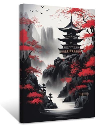 ZXHYWYM Japanische Leinwandbilder rote und schwarze Kirschbäume Pagode Malerei japanische Landschaft Poster Drucke japanisches Thema Kunstwerk Wanddekoration (Bild-2, (40.00 x 60.00 cms))