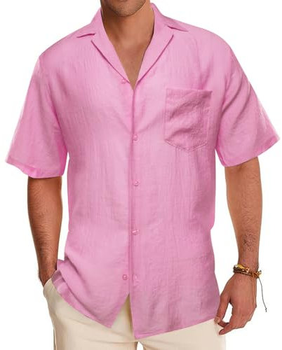 Barry.Wang Men's Shirts Linen Cotton Short Sleeve Summer Beach Shirt Cuban Guayabera Casual Button Hawaiian Shirt Pink S-3XL