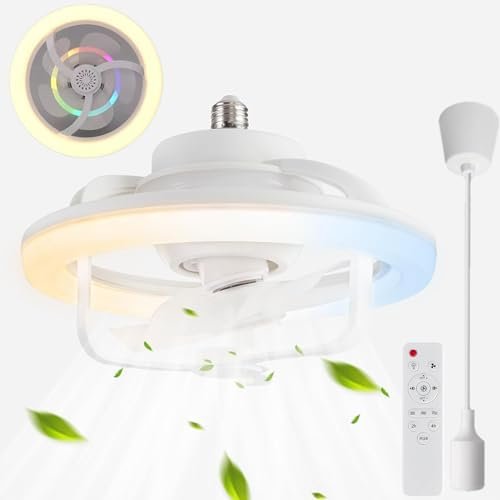 Ventilador de techo silencioso con iluminación y control remoto ventilador de techo LED moderno con casquillo E27rotación de 180°con modo de luz RGB 3 velocidades ideal para sala de estar y dormitorio