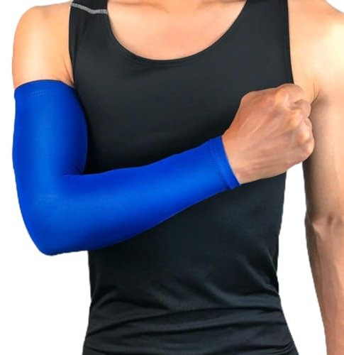 DAZZLEEX Codera de portero suave para almohadillas, protectores para jóvenes y adultos, mangas de compresión muscular de poliéster, bandas de protección solar (L, azul), azul.