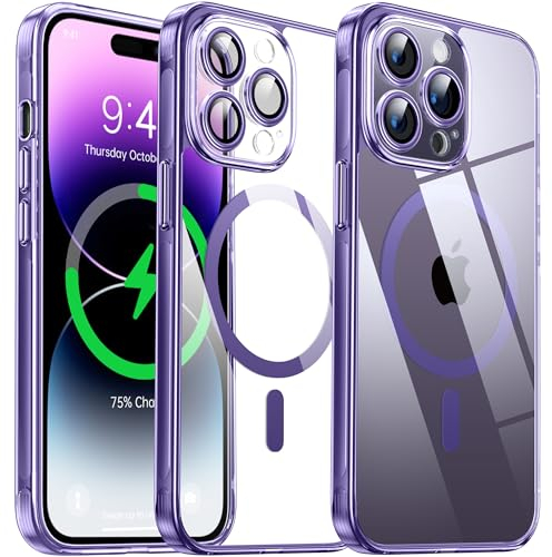 Flyzoo Clear Magnetic Case for iPhone 14 Pro Max (6.7'') Compatible with MagSafe & Camera Protector, [Non-Yellowing] [Shockproof & Antiscratch Protection] Hard Transparent Cover with Silicone, Purple