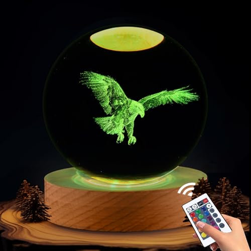 Ginsso Adlergeschenke für Männer, 80 mm 3D-Adler Kristallkugel Lampe mit Fernbedienung, Adlerdekor für Adlerliebhaber, Adlergeschenke für Geburtstag, Weihnachten, Vatertag für Adlerliebhaber