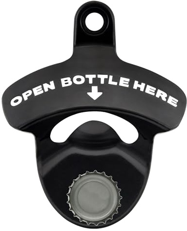 Luwanburg Magnetic Beer Bottle Cap Opener Wall Mounted, Black with White | Built in Powerful Magnets to Grab Cap, Mountable with Screws fro Wooden Table Caddy, Gift