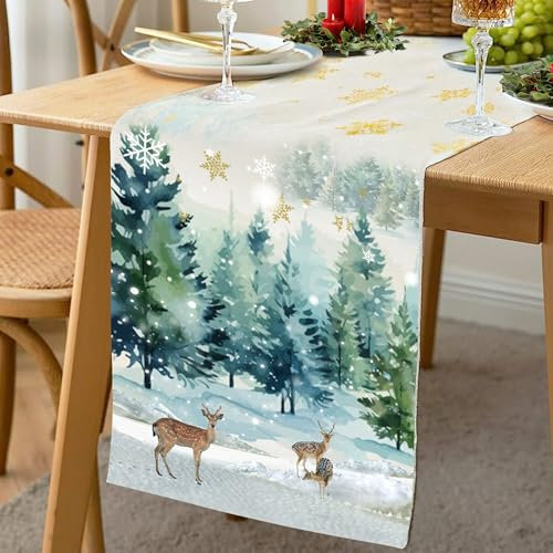 SHEPIN Tischläufer Weihnachten Mode Aquarell Rentier Baum Weihnachts Tischläufer 40x180 cm, Saisonnal Winter Tischläufer Modern Weihnachtstischläufer Weihnachtsläufer Tisch Küche Party Dekor