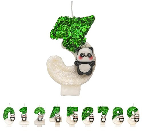 DTXLX - Bougies d'anniversaire numériques avec Panda, 3D vert et blanc, paillettes faites à la main, adaptées aux gâteaux, chiffre 3, numéro 3 bougies pour gâteau d'anniversaire