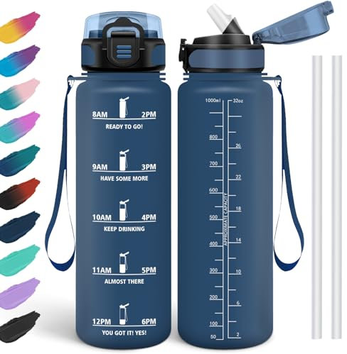HoneyHolly Botella Agua 1 Litro, Libre de BPA & Prueba de Fugas, Botella de Agua, con Pajita, Botella Agua Gimnasio, con Marcador de Tiempo, Cantimplora para Sport, Bicicleta, Gimnasio, Escuela