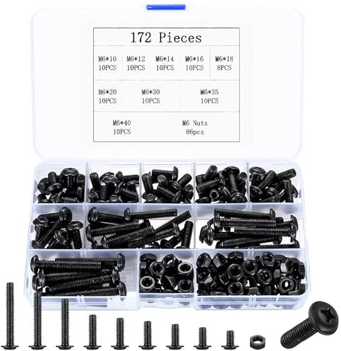 172 Pz M6 Set di Viti Bulloni e Dadi, Bulloni Viti a Testa a Croce e Dadi, Kit di Assortimento di Viti a Testa Piatta con Rondella e Testa Croce, Viti a Macchina, Nera