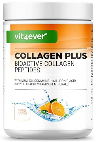 Colágeno Plus - 500 g polvo con MSM, glucosamina HCL, ácido hialurónico, extracto de incienso - 100% péptidos hidrolizados de colágeno bioactivo - colágeno tipo 1, 2 y 3 - sabor Naranja