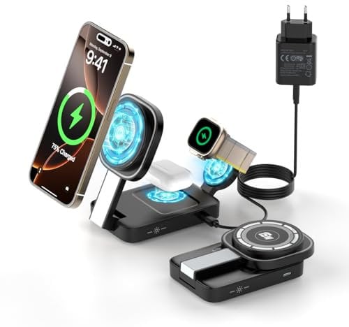 COCIVIVRE für Qi2 Faltbar Magsafe Ladestation Kompatibel mit iPhone 17 Pro Max/17/16/15/14/13 für qi2 Ladestation Apple Watch und iPhone Kabelloses Ladegerät für Apple Watch 11/10/9/AirPods Pro/4/3