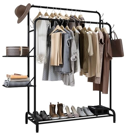 Klass Home Collection Heavy Duty Clothes Rail With Folding Shelves, 100KG Garment Rack With Double Hanging Clothing Rails, 3 Shelves, Coat Shoe Rack, 4 Hooks, Clothes Rails For Bedroom, Shops (Black)