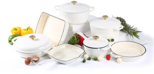 HJZSZX Enamel Cast Iron Cookware Cooking Pot Casserole Set,White,11 pc