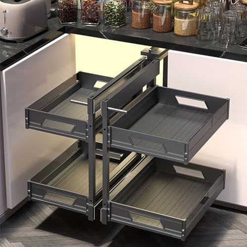 Armario de cocina de esquina con diseño giratorio de apertura completa, estante extraíble de doble nivel con cestas de aluminio que maximiza el espacio de almacenamiento en la cocina de esquina ciega