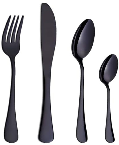 PionStar 32 Pieces Black Cutlery Set, Stainless Steel Cutlery Set for 8 People, Flatware Set Include Knives, Forks, Spoons and Teaspoons, Dishwasher Safe/Mirror Polished, Flatware Set for Kitchen