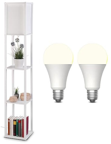 Lunartec Wohnzimmer Stehlampen: Stehlampe aus Holz mit Regal, weiß inkl. 2x LED-Lampe (E27) warmweiß (Stehlampen Wohnzimmer Holz, Bücherregal, Glühbirne)