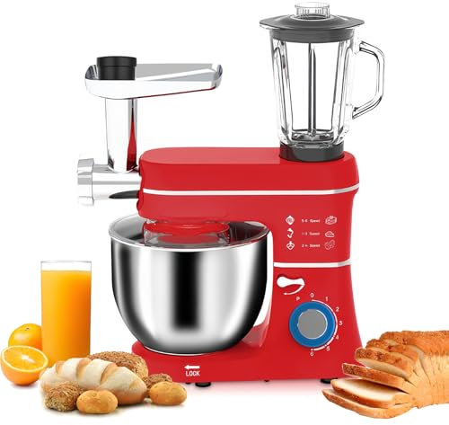 Fentic 5 en 1 Robot Pâtissier – 1400W - Av. Hachoir à Viande, Mixeur 1,5L, Cutter, Accessoires – Robot Cuisine Multifonctions Av. 10L Bol Mélangeur, Fouet, Crochet Pétrisseur, Batteur,Red