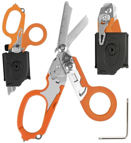6 in 1 Emergency Response Shears Emergency Scissors Tool Stainless Steel Foldable Scissors Pliers with Strap Cutter and Glass Default (Orange)