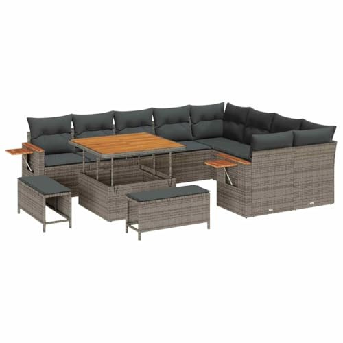 vidaXL Garten-Sofa-Set mit Kissen in Grau, aus Poly-Rattan und Akazienholz, Tisch, 5 Teile, Gartenmöbel für Terrasse und Lounge, modular, UV-beständig, modern