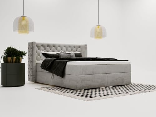 GRAINGOLD Lion Bett 140x200, Boxspringbett mit Bettkasten, Polsterbett mit Bonell-Matratze, Samt Stoff, mit Topper, mit Kopfteil (Grau, 140x200)