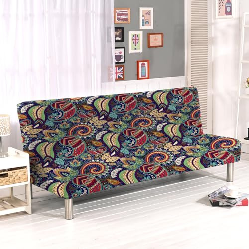 Aisaving Armless Sofa Bed Cover Polyester Spandex Stretch Futon Slipcover Protector 3 Seater Elastic Full Folding Couch Sofa Cover fits Folding Sofa Bed without Armrests 80 x 50 in(Vintage Pattern)