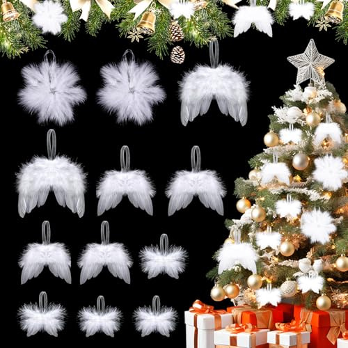 CharmBurst 12 Stück Engelsflügel Weihnachten Weiß, Christbaumschmuck Federflügel Deko, Baumschmuck Weiß für Weihnachtsdeko Baum, Weihnachtsfeier DIY Weihnachtsschmuck