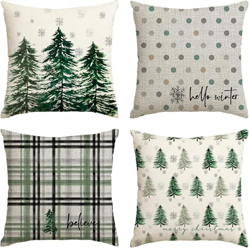 VITEVER Bäume Rentier Schlitten Schneeflocken Frohe Weihnachten Kissenbezüge 4er Set, 45x45 cm Christmas Zierkissenbezug Cushion Cover Couch Deko