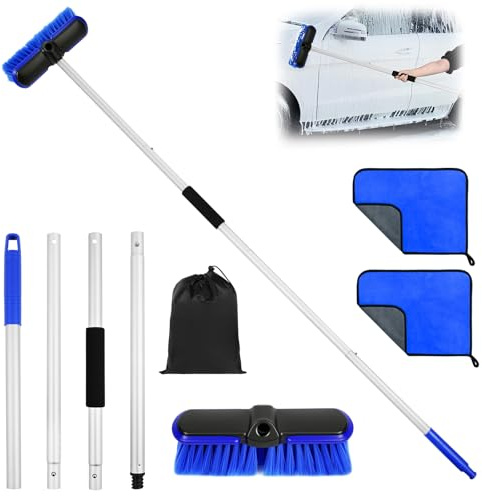 URAQT Cepillo de Lavado de Coche, Cabezal de Cerdas Suaves Más, Cepillo de Lavado telescópico, para Camiones, Furgonetas, caravanas, Autobuses, para la Limpieza del Automóvil y del Hogar
