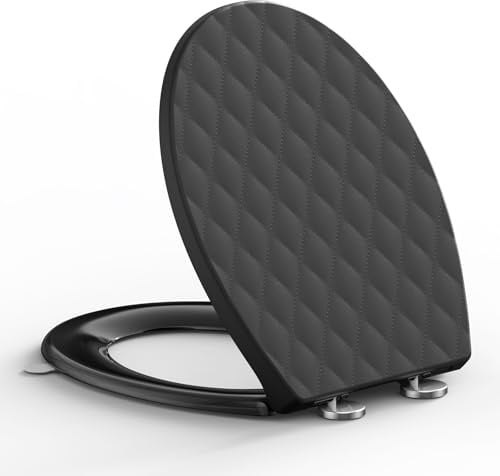 SREWOHS PRO Toilettendeckel mit Absenkautomatik Oval, WC Sitz mit Rauten, Klobrille mit Schnellverschluss, Klodeckel Befestigung von oben, Toilettensitz Softclose, Schwarz, 44,6 x 37,1 CM
