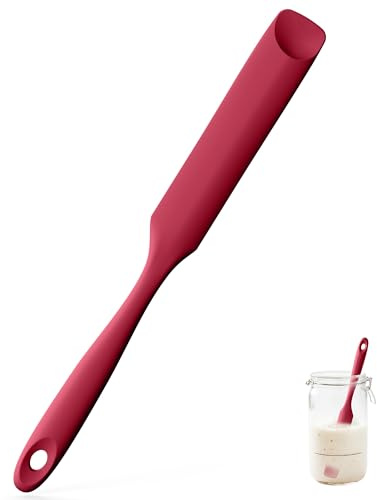 U-Taste Silicone Jar Spatula, Spoon Tip, 315℃ Heat Resistant, Red | Flexible Rubber Thin Sourdough Scraper with Long and Slim Handle for Scraping Sauces Batters, Stirring Starters, Containers