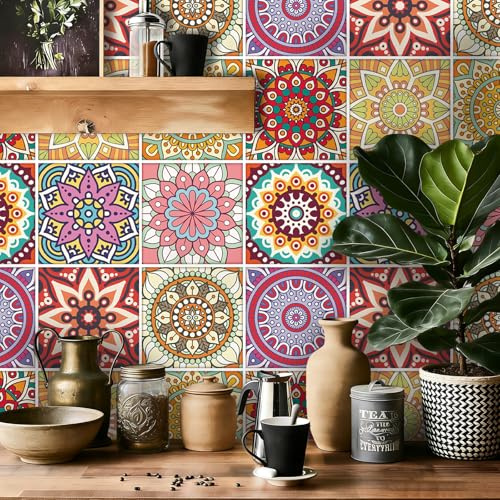 TOARTI 18 Stück Rot Fliesenaufkleber Mosaik Retro Wandfliese Aufkleber Küche Wandaufkleber 15×15cm PVC Fliesensticker Fliesen Marokko Selbstklebende Tapete für Badezimmer Schrank Möbel Tisch