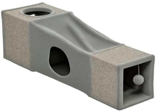 PawHut Tunnel pour Chat Intérieur avec 2 Niches, Entrées Multiples Gris | Jouets pour Chats, Tunnel de Jeu avec Balle Suspendue, Sisal