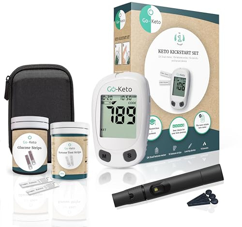 Go-Keto Ketone/Glukose Messgerät (mmol/l) - 50 Glukose Teststreifen + 10 Ketone Teststreifen - Ketone Meter & Zubehör im Starter-Set