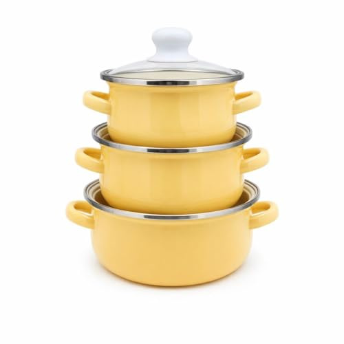 Yunmeryker 3 Piece Mini Enamel Cookware Set with Glass Lids, 12cm/14cm/16cm, Double Handle Soup Pot for Top, Small Stew for Cooking, Housewarming Gift, Orange